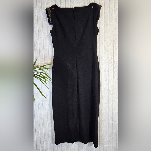 Anne Klein Black Sheath Dress 2 Faux Leather Cap Sleeve Ruched Waist - Picture 3 of 3